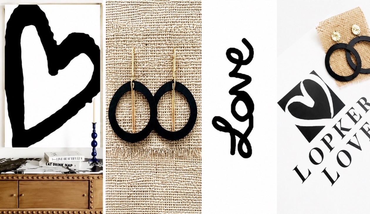Lopker Love heart artwork, black leather hoop earrings and signature branding